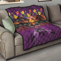 Hawaiian Turtle Love Couple Quilt Ocean Serenade - Honu Honi Ihu with Hibiscus and Romantic Sunset Purple Color LT03 - Polynesian Pride