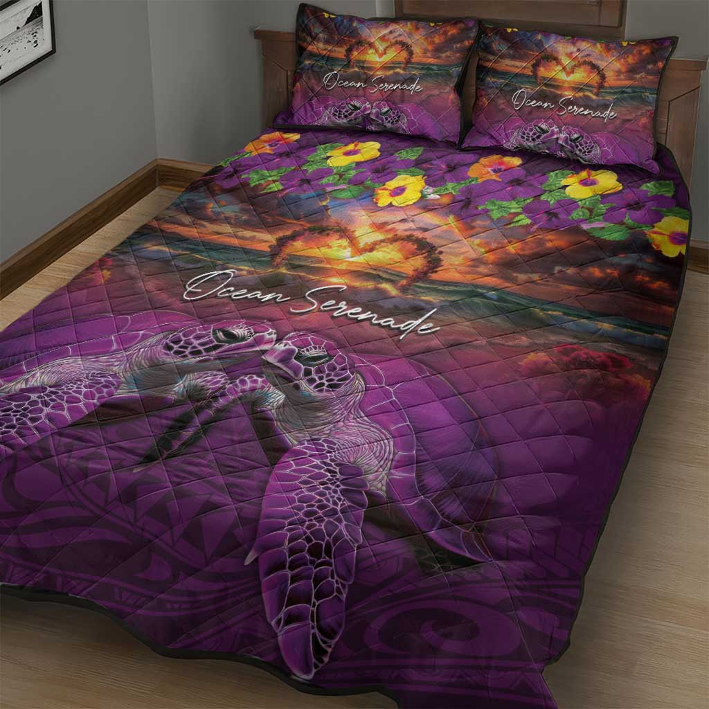 Hawaiian Turtle Love Couple Quilt Bed Set Ocean Serenade - Honu Honi Ihu with Hibiscus and Romantic Sunset Purple Color LT03 - Polynesian Pride