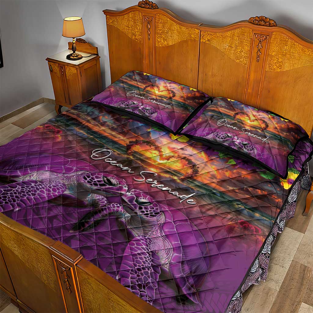 Hawaiian Turtle Love Couple Quilt Bed Set Ocean Serenade - Honu Honi Ihu with Hibiscus and Romantic Sunset Purple Color LT03 - Polynesian Pride