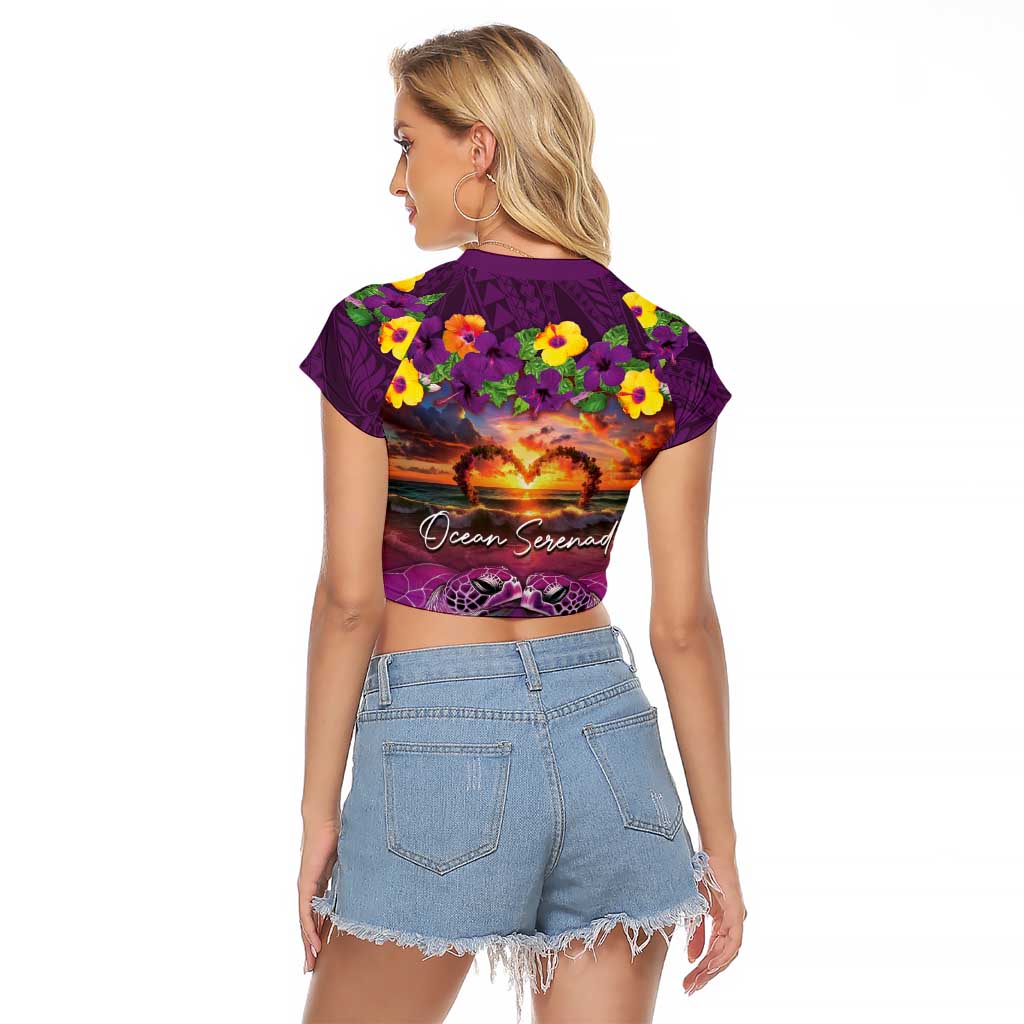 Hawaiian Turtle Love Couple Raglan Cropped T Shirt Ocean Serenade - Honu Honi Ihu with Hibiscus and Romantic Sunset Purple Color LT03 - Polynesian Pride