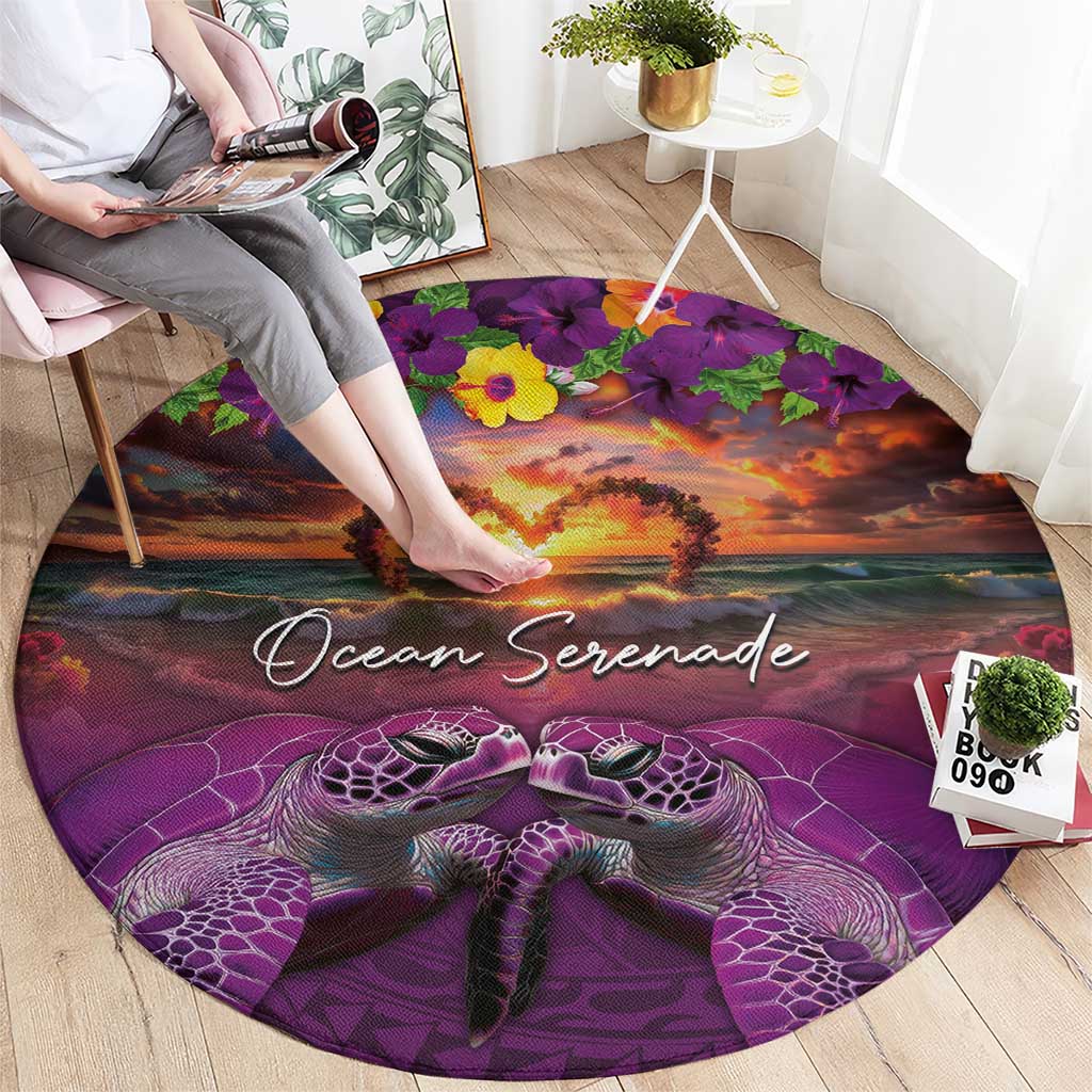 Hawaiian Turtle Love Couple Round Carpet Ocean Serenade - Honu Honi Ihu with Hibiscus and Romantic Sunset Purple Color LT03 - Polynesian Pride