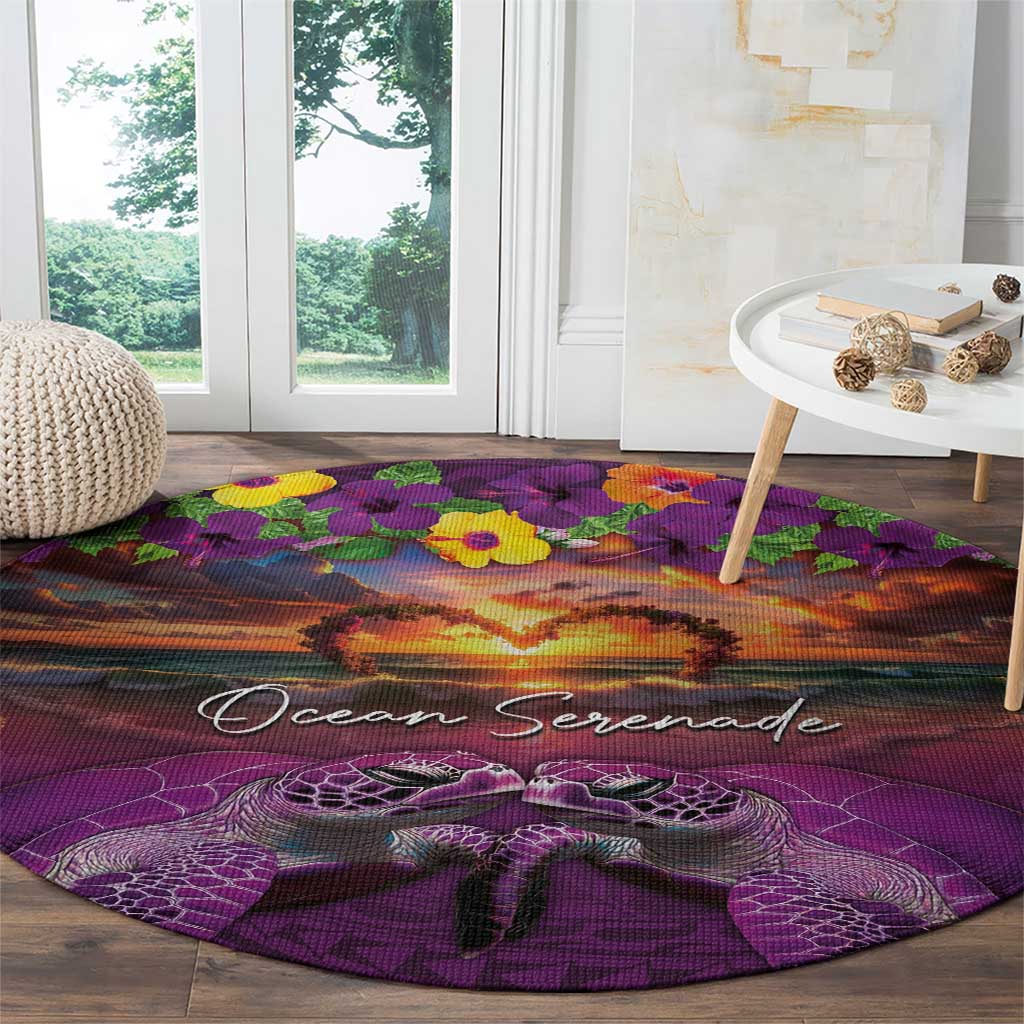 Hawaiian Turtle Love Couple Round Carpet Ocean Serenade - Honu Honi Ihu with Hibiscus and Romantic Sunset Purple Color LT03 - Polynesian Pride