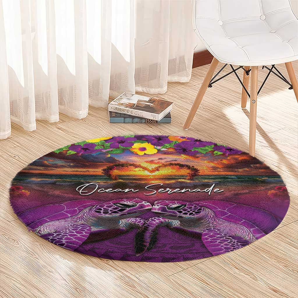 Hawaiian Turtle Love Couple Round Carpet Ocean Serenade - Honu Honi Ihu with Hibiscus and Romantic Sunset Purple Color LT03 - Polynesian Pride