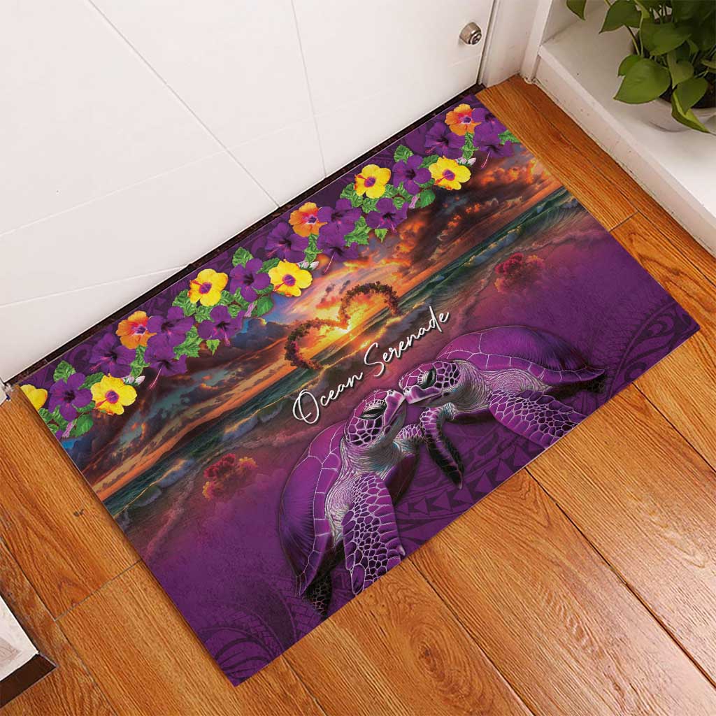Hawaiian Turtle Love Couple Rubber Doormat Ocean Serenade - Honu Honi Ihu with Hibiscus and Romantic Sunset Purple Color LT03 - Polynesian Pride