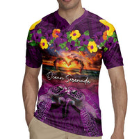 Hawaiian Turtle Love Couple Rugby Jersey Ocean Serenade - Honu Honi Ihu with Hibiscus and Romantic Sunset Purple Color LT03 - Polynesian Pride