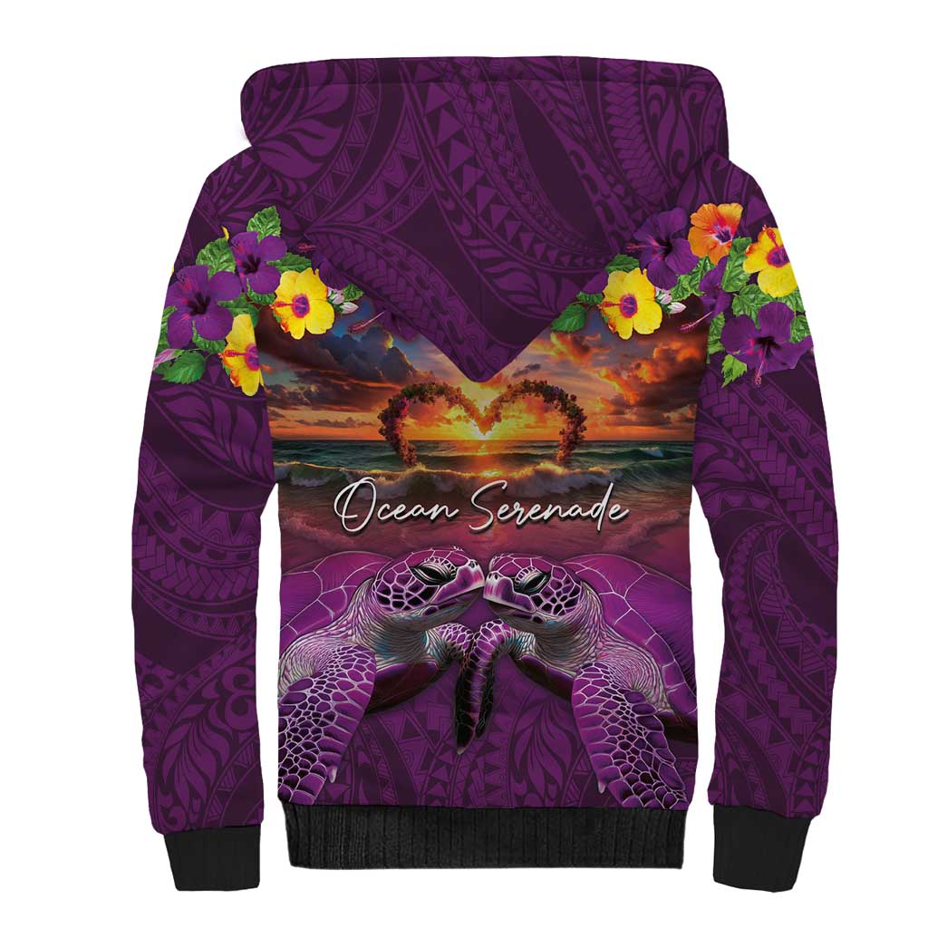 Hawaiian Turtle Love Couple Sherpa Hoodie Ocean Serenade - Honu Honi Ihu with Hibiscus and Romantic Sunset Purple Color LT03 - Polynesian Pride