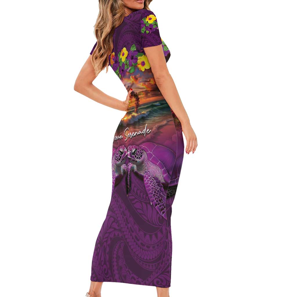 Hawaiian Turtle Love Couple Short Sleeve Bodycon Dress Ocean Serenade - Honu Honi Ihu with Hibiscus and Romantic Sunset Purple Color LT03 - Polynesian Pride