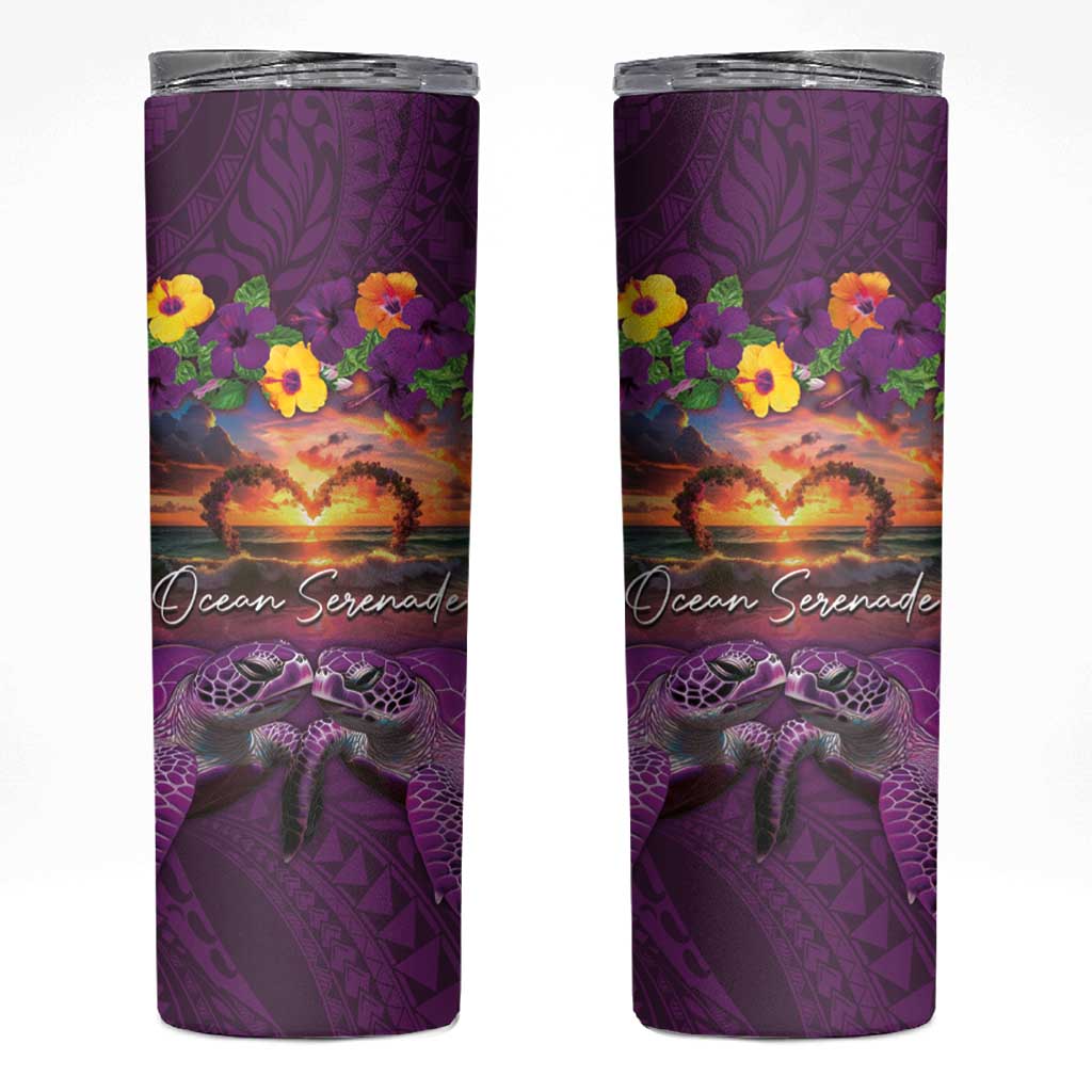 Hawaiian Turtle Love Couple Skinny Tumbler Ocean Serenade - Honu Honi Ihu with Hibiscus and Romantic Sunset Purple Color LT03 Purple - Polynesian Pride