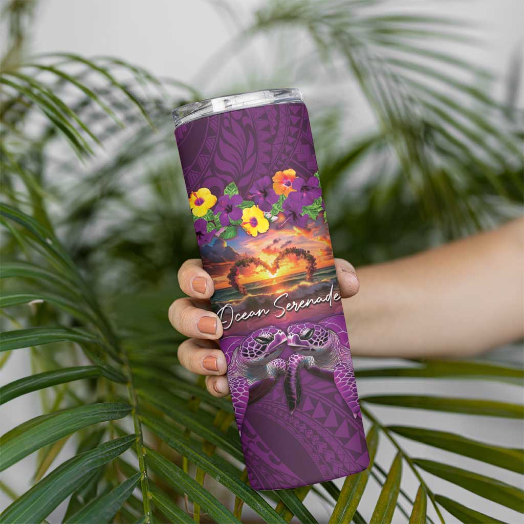 Hawaiian Turtle Love Couple Skinny Tumbler Ocean Serenade - Honu Honi Ihu with Hibiscus and Romantic Sunset Purple Color LT03 - Polynesian Pride