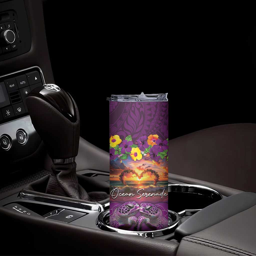 Hawaiian Turtle Love Couple Skinny Tumbler Ocean Serenade - Honu Honi Ihu with Hibiscus and Romantic Sunset Purple Color LT03 - Polynesian Pride