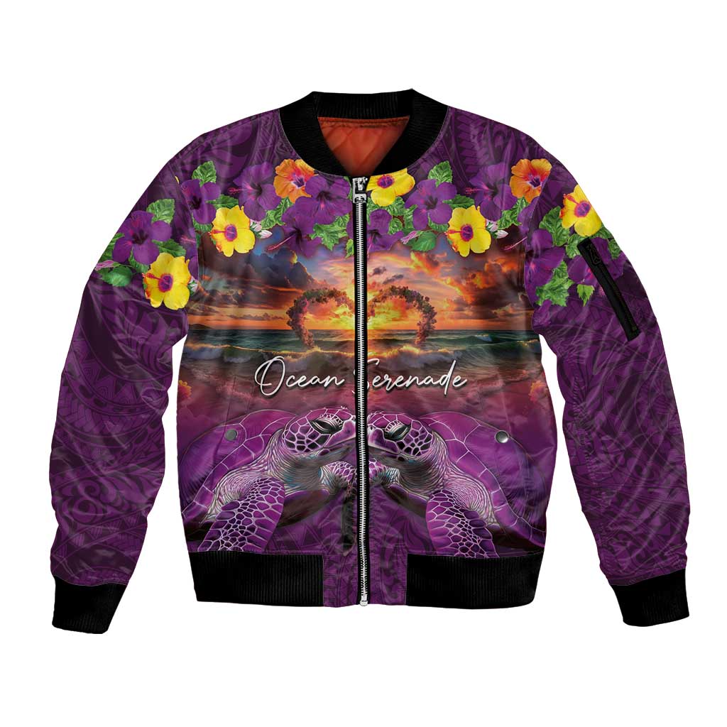 Hawaiian Turtle Love Couple Sleeve Zip Bomber Jacket Ocean Serenade - Honu Honi Ihu with Hibiscus and Romantic Sunset Purple Color LT03 Unisex Purple - Polynesian Pride