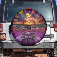 Hawaiian Turtle Love Couple Spare Tire Cover Ocean Serenade - Honu Honi Ihu with Hibiscus and Romantic Sunset Purple Color LT03 Purple - Polynesian Pride