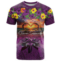 Hawaiian Turtle Love Couple T Shirt Ocean Serenade - Honu Honi Ihu with Hibiscus and Romantic Sunset Purple Color LT03 Purple - Polynesian Pride