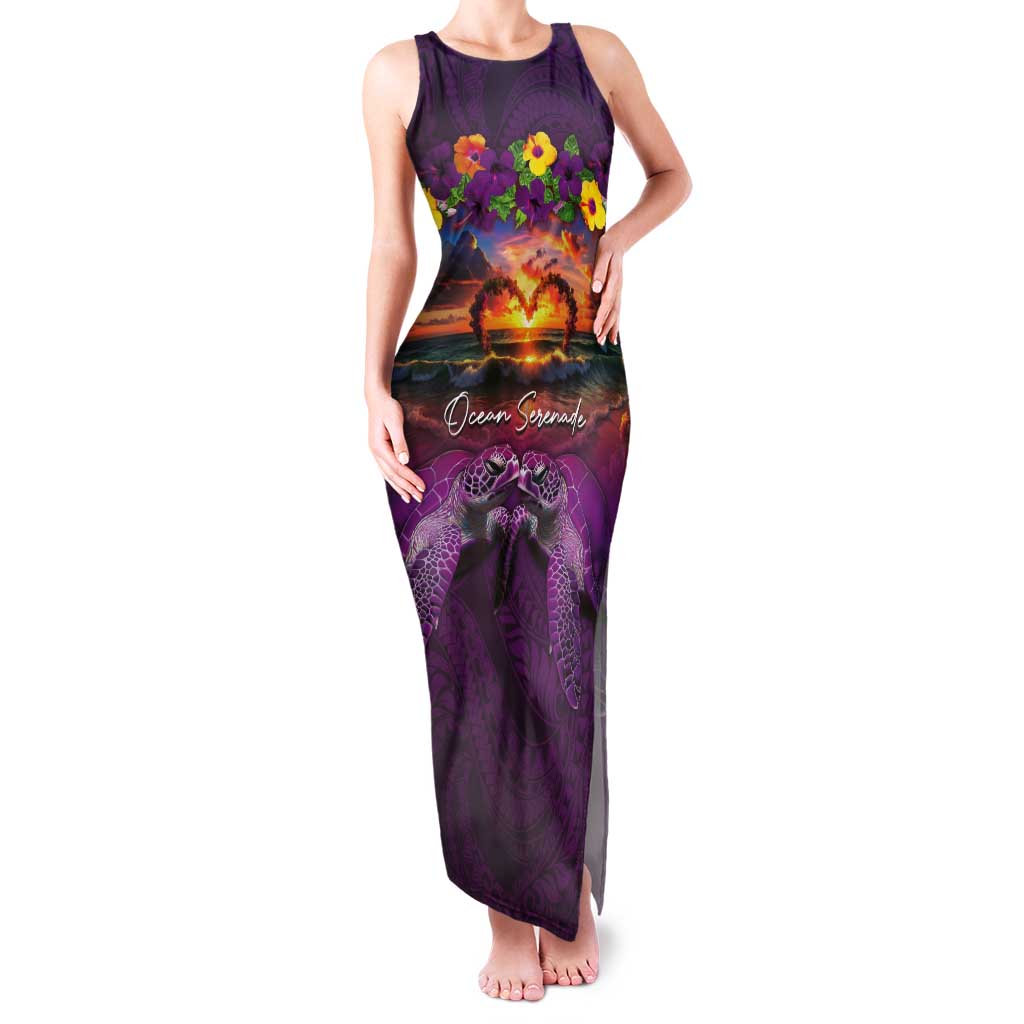 Hawaiian Turtle Love Couple Tank Maxi Dress Ocean Serenade - Honu Honi Ihu with Hibiscus and Romantic Sunset Purple Color LT03 Women Purple - Polynesian Pride