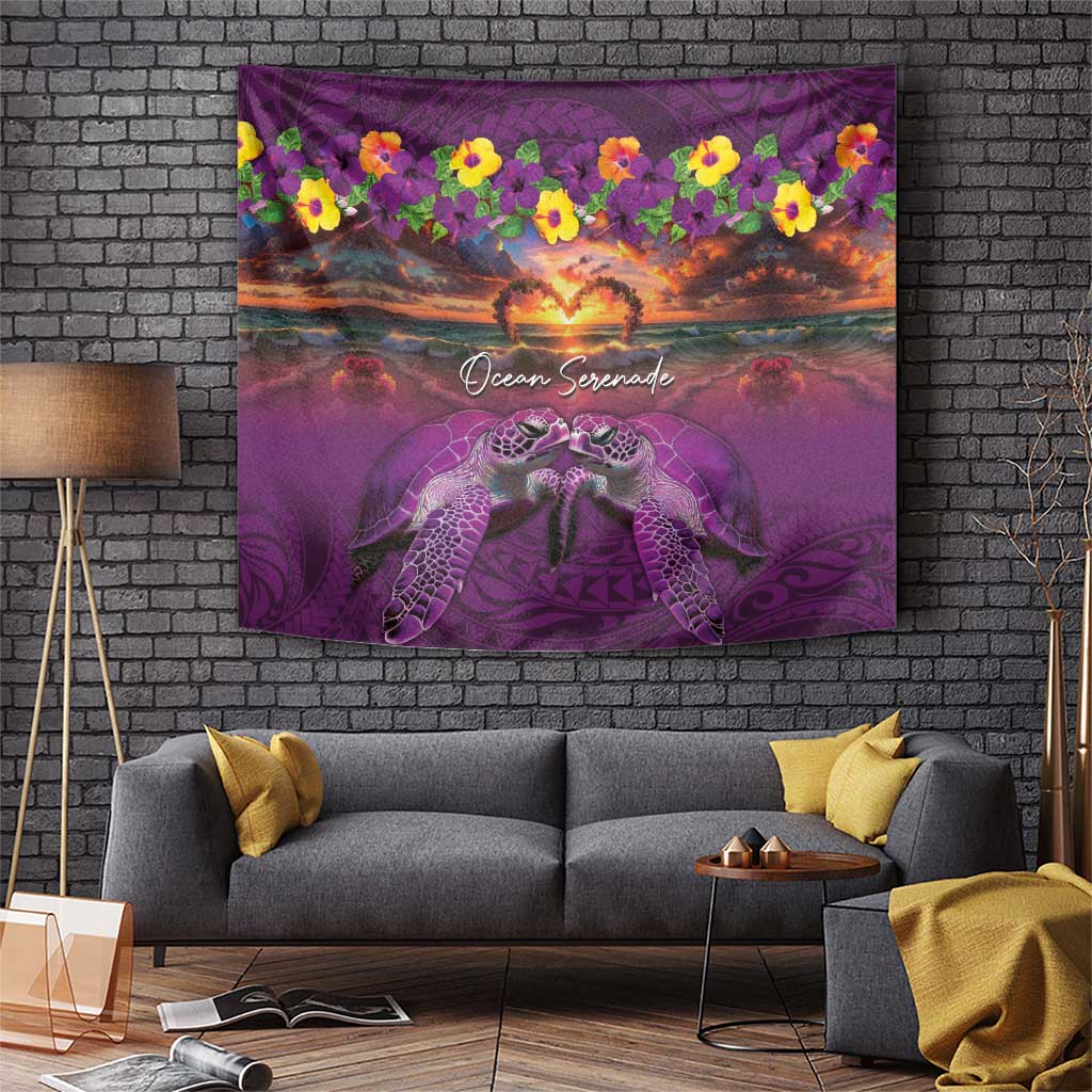 Hawaiian Turtle Love Couple Tapestry Ocean Serenade - Honu Honi Ihu with Hibiscus and Romantic Sunset Purple Color LT03 Purple - Polynesian Pride