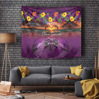 Hawaiian Turtle Love Couple Tapestry Ocean Serenade - Honu Honi Ihu with Hibiscus and Romantic Sunset Purple Color LT03 Purple - Polynesian Pride
