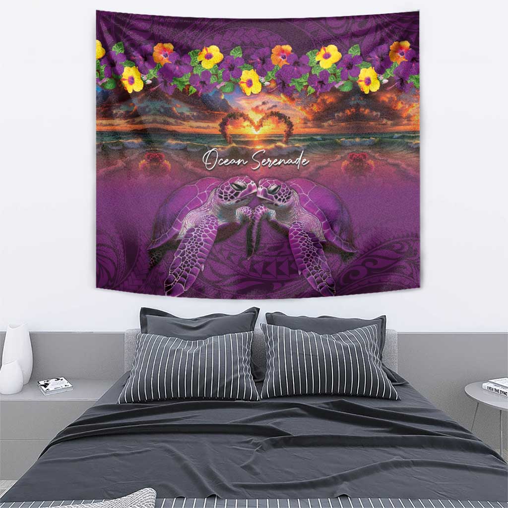 Hawaiian Turtle Love Couple Tapestry Ocean Serenade - Honu Honi Ihu with Hibiscus and Romantic Sunset Purple Color LT03 - Polynesian Pride