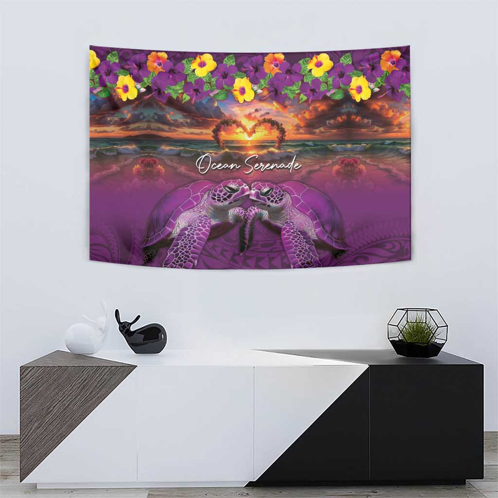Hawaiian Turtle Love Couple Tapestry Ocean Serenade - Honu Honi Ihu with Hibiscus and Romantic Sunset Purple Color LT03 - Polynesian Pride