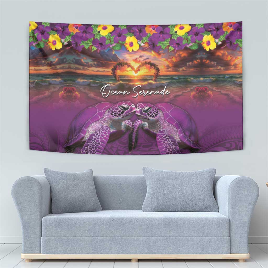 Hawaiian Turtle Love Couple Tapestry Ocean Serenade - Honu Honi Ihu with Hibiscus and Romantic Sunset Purple Color LT03 - Polynesian Pride