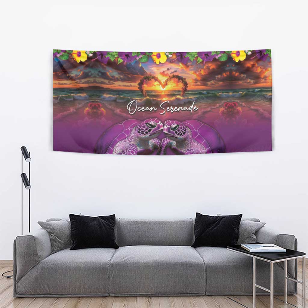 Hawaiian Turtle Love Couple Tapestry Ocean Serenade - Honu Honi Ihu with Hibiscus and Romantic Sunset Purple Color LT03 - Polynesian Pride