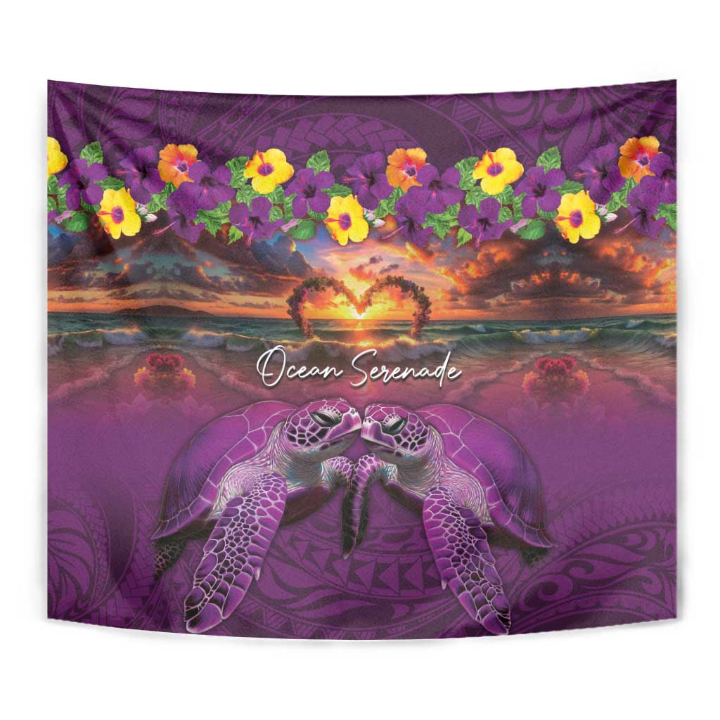 Hawaiian Turtle Love Couple Tapestry Ocean Serenade - Honu Honi Ihu with Hibiscus and Romantic Sunset Purple Color LT03 - Polynesian Pride
