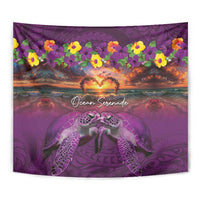 Hawaiian Turtle Love Couple Tapestry Ocean Serenade - Honu Honi Ihu with Hibiscus and Romantic Sunset Purple Color LT03 - Polynesian Pride