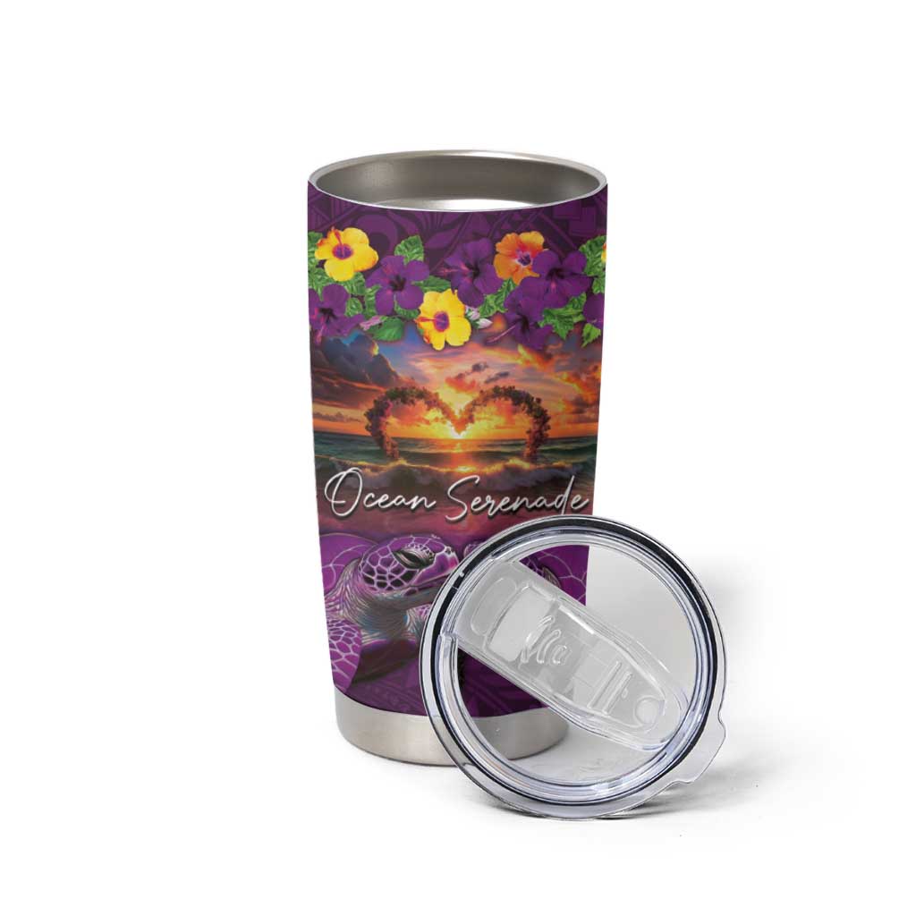 Hawaiian Turtle Love Couple Tumbler Cup Ocean Serenade - Honu Honi Ihu with Hibiscus and Romantic Sunset Purple Color LT03 - Polynesian Pride