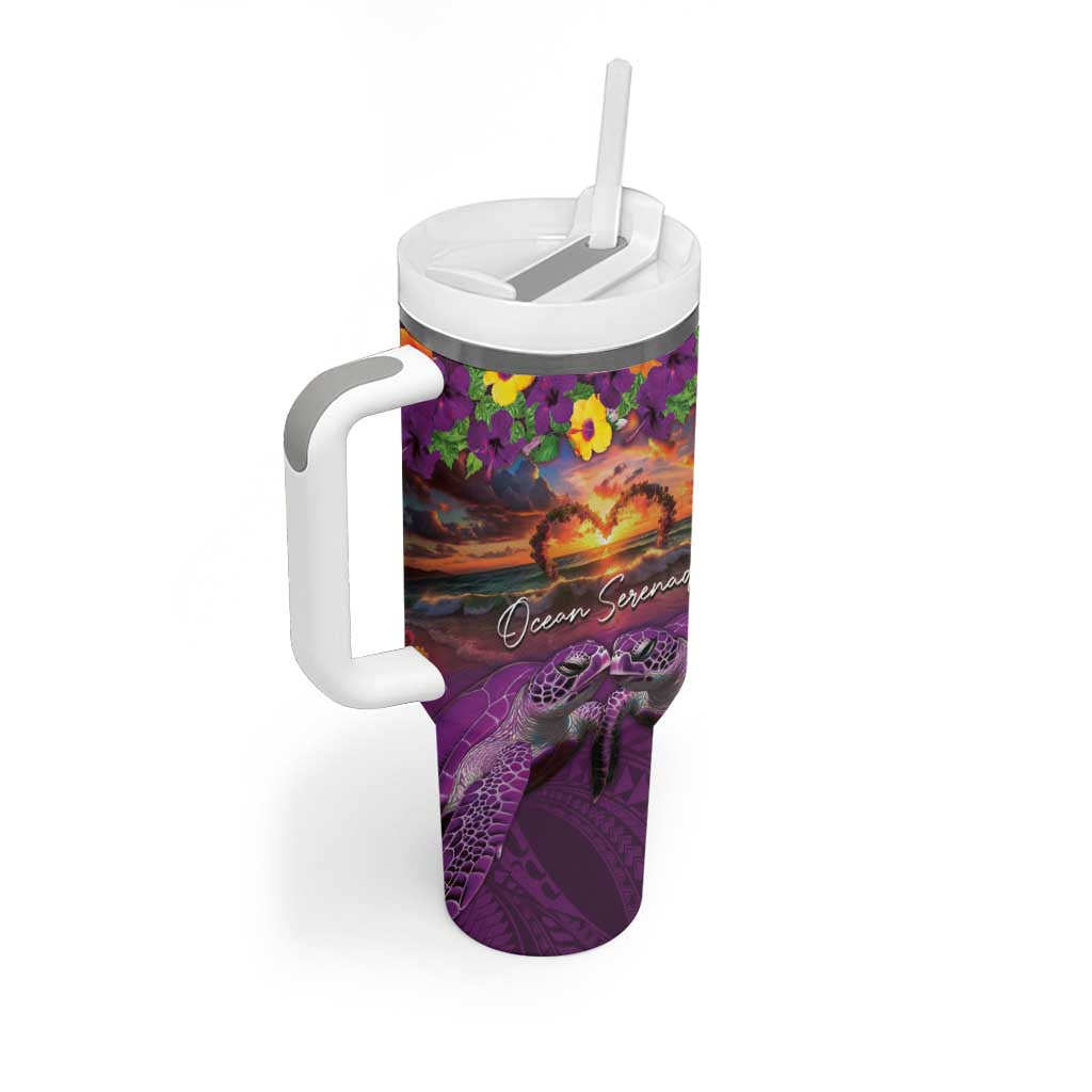 Hawaiian Turtle Love Couple Tumbler With Handle Ocean Serenade - Honu Honi Ihu with Hibiscus and Romantic Sunset Purple Color LT03 - Polynesian Pride