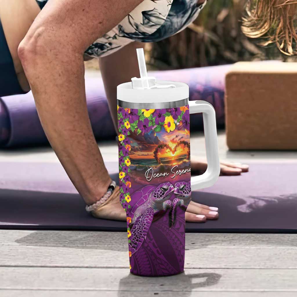 Hawaiian Turtle Love Couple Tumbler With Handle Ocean Serenade - Honu Honi Ihu with Hibiscus and Romantic Sunset Purple Color LT03 - Polynesian Pride