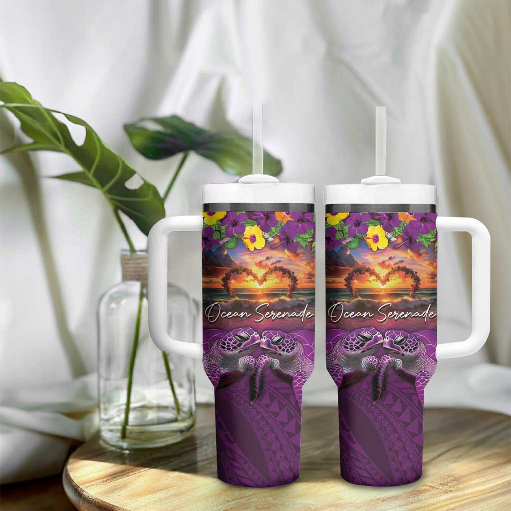 Hawaiian Turtle Love Couple Tumbler With Handle Ocean Serenade - Honu Honi Ihu with Hibiscus and Romantic Sunset Purple Color LT03 - Polynesian Pride