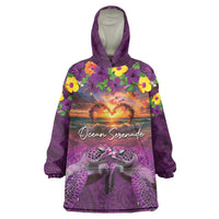 Hawaiian Turtle Love Couple Wearable Blanket Hoodie Ocean Serenade - Honu Honi Ihu with Hibiscus and Romantic Sunset Purple Color LT03 One Size Purple - Polynesian Pride