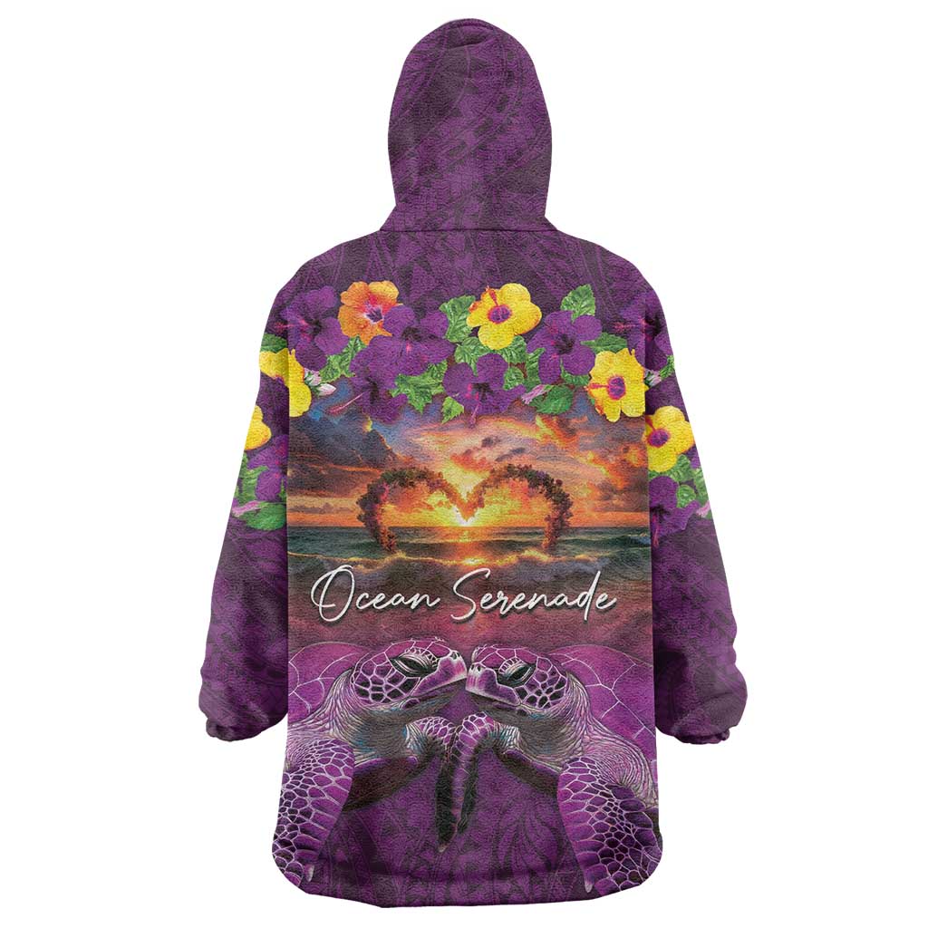 Hawaiian Turtle Love Couple Wearable Blanket Hoodie Ocean Serenade - Honu Honi Ihu with Hibiscus and Romantic Sunset Purple Color LT03 - Polynesian Pride
