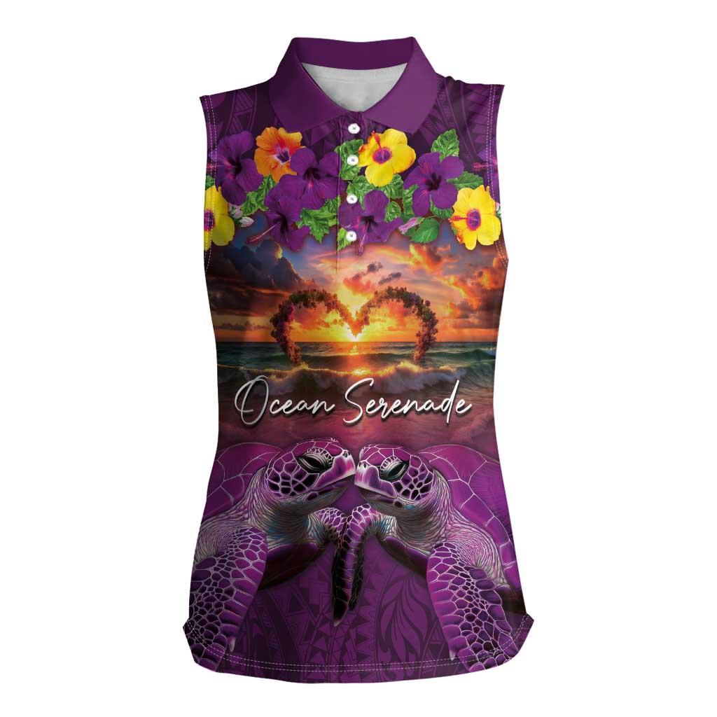Hawaiian Turtle Love Couple Women Sleeveless Polo Shirt Ocean Serenade - Honu Honi Ihu with Hibiscus and Romantic Sunset Purple Color LT03 Female Purple - Polynesian Pride