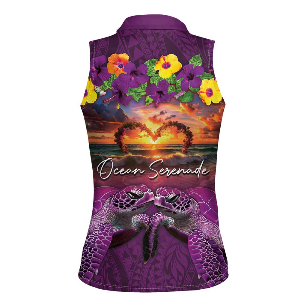 Hawaiian Turtle Love Couple Women Sleeveless Polo Shirt Ocean Serenade - Honu Honi Ihu with Hibiscus and Romantic Sunset Purple Color LT03 - Polynesian Pride