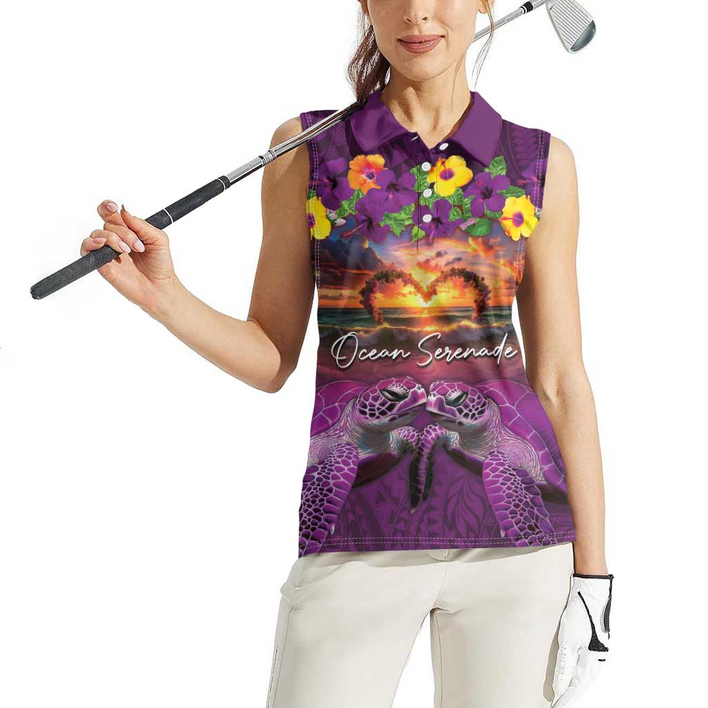 Hawaiian Turtle Love Couple Women Sleeveless Polo Shirt Ocean Serenade - Honu Honi Ihu with Hibiscus and Romantic Sunset Purple Color LT03 - Polynesian Pride