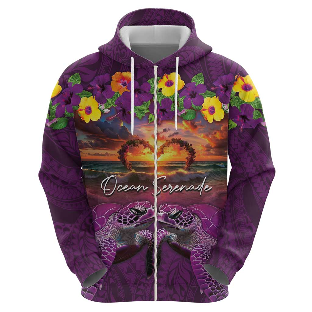 Hawaiian Turtle Love Couple Zip Hoodie Ocean Serenade - Honu Honi Ihu with Hibiscus and Romantic Sunset Purple Color LT03 - Polynesian Pride