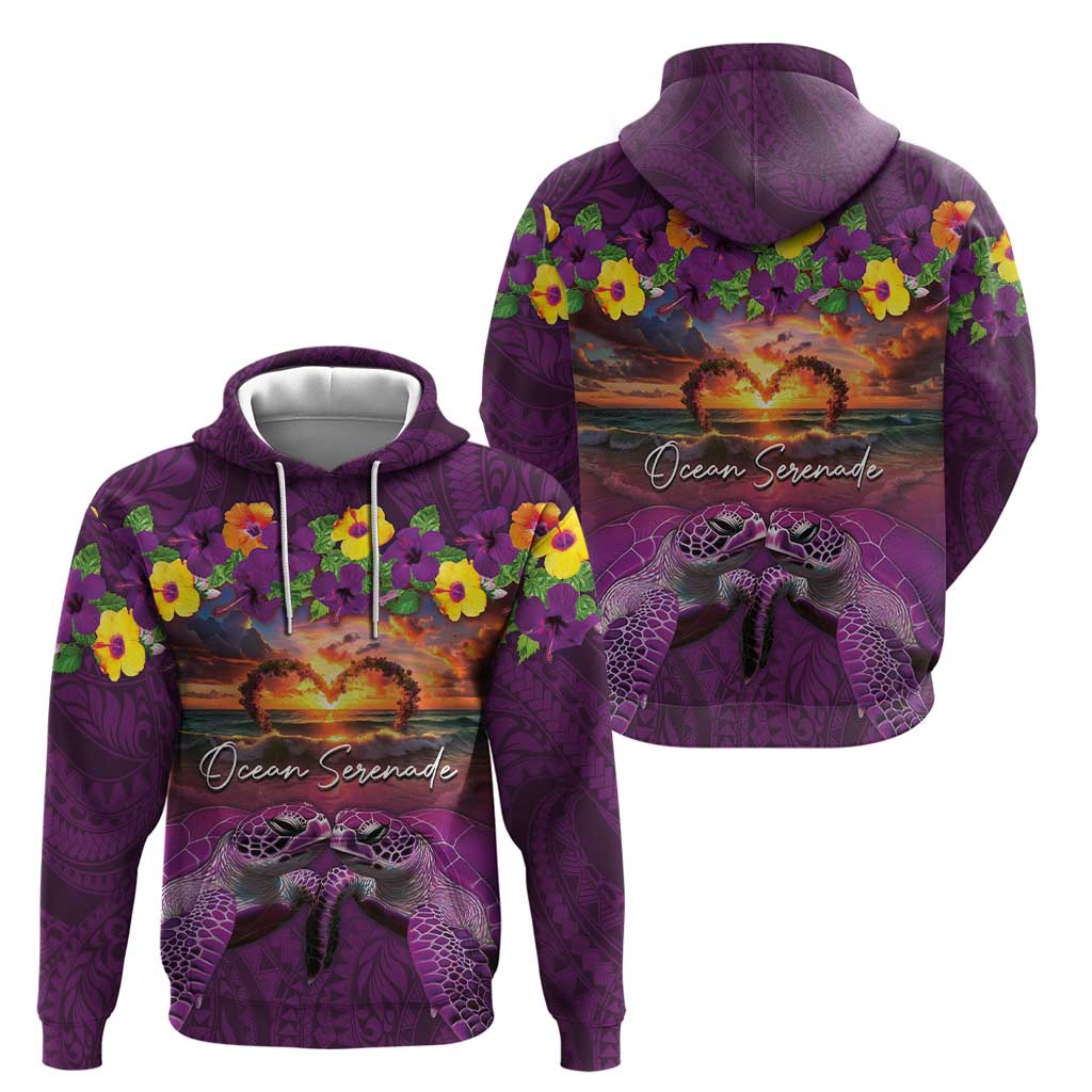 Hawaiian Turtle Love Couple Zip Hoodie Ocean Serenade - Honu Honi Ihu with Hibiscus and Romantic Sunset Purple Color LT03 - Polynesian Pride