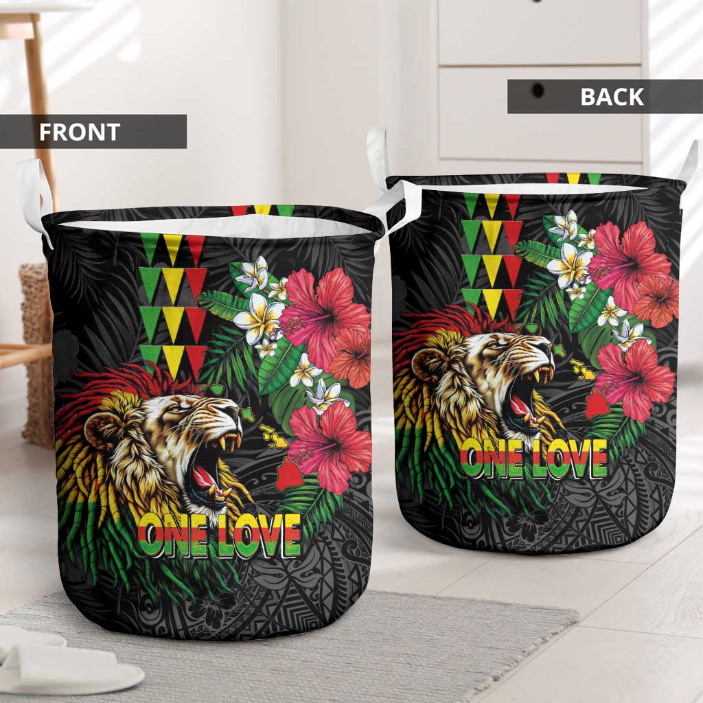 Hawaiian One Love Laundry Basket Reggae Lion Tropical Plants and Kakau with Tribal Pattern