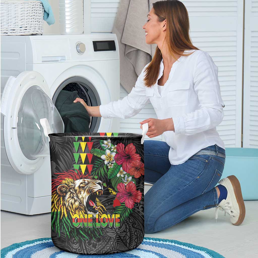 Hawaiian One Love Laundry Basket Reggae Lion Tropical Plants and Kakau with Tribal Pattern