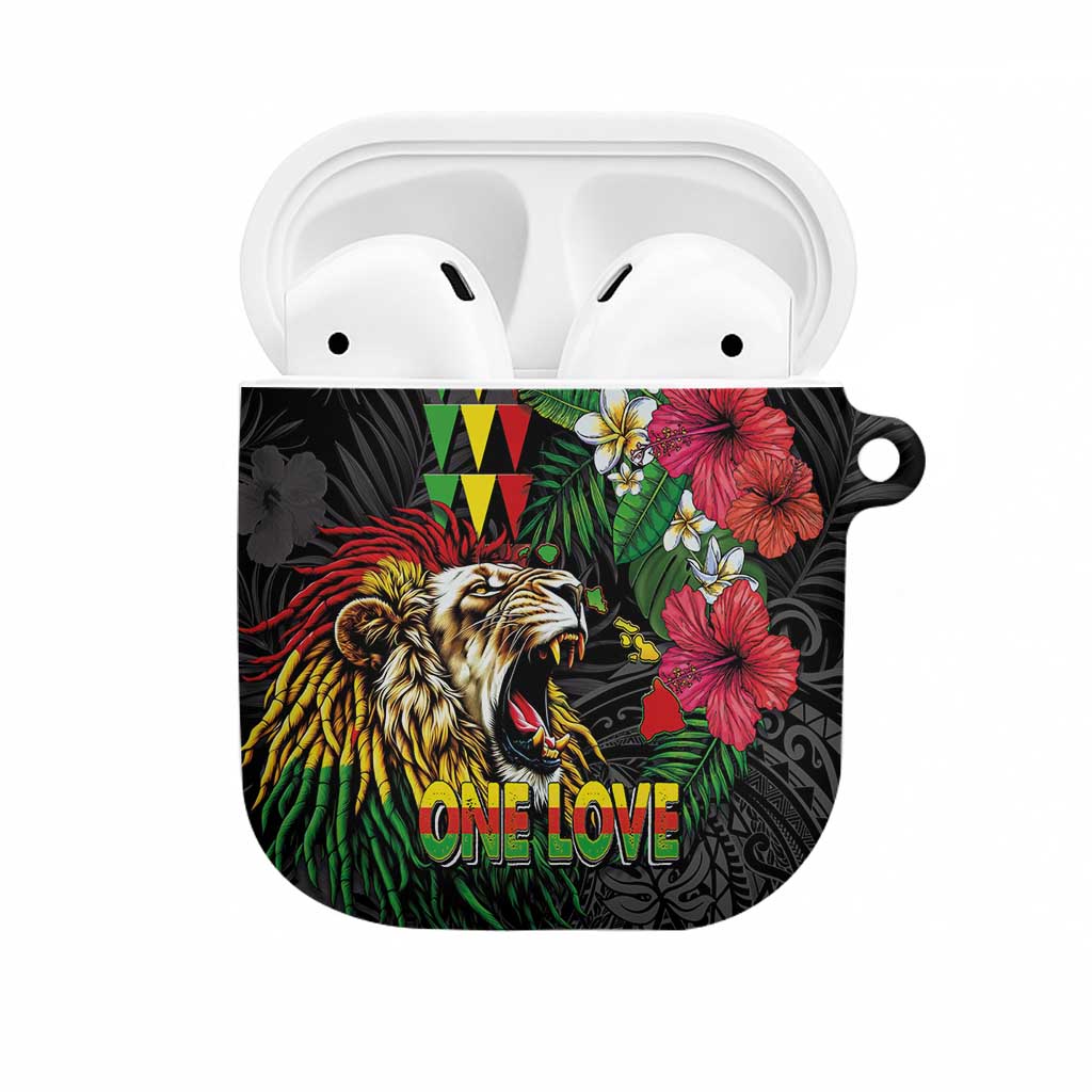 Hawaiian One Love AirPods Case Reggae Lion Tropical Plants and Kakau with Tribal Pattern LT03 Black - Polynesian Pride
