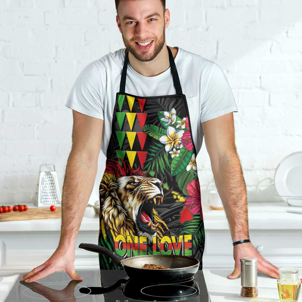 Hawaiian One Love Apron Reggae Lion Tropical Plants and Kakau with Tribal Pattern