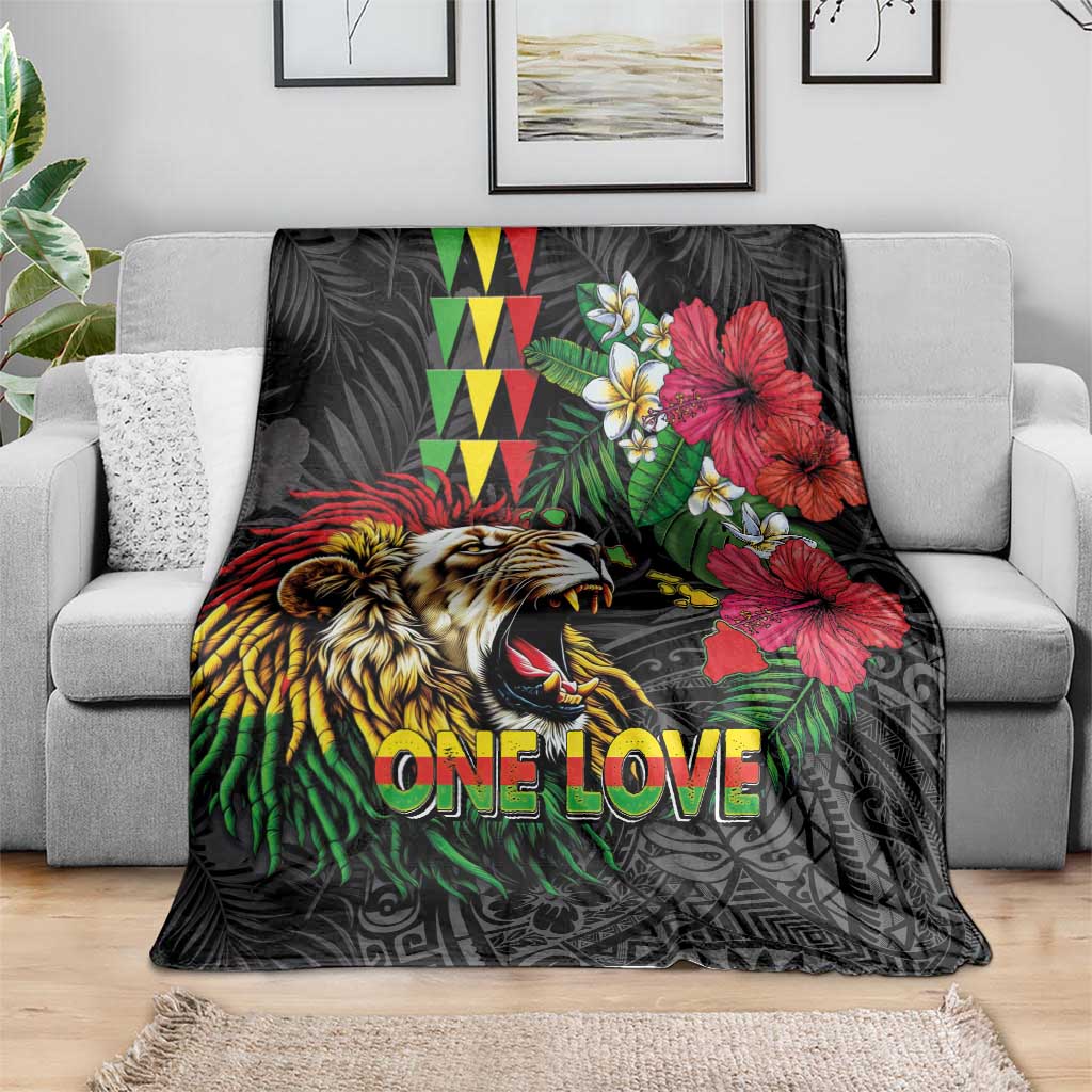 Hawaiian One Love Blanket Reggae Lion Tropical Plants and Kakau with Tribal Pattern