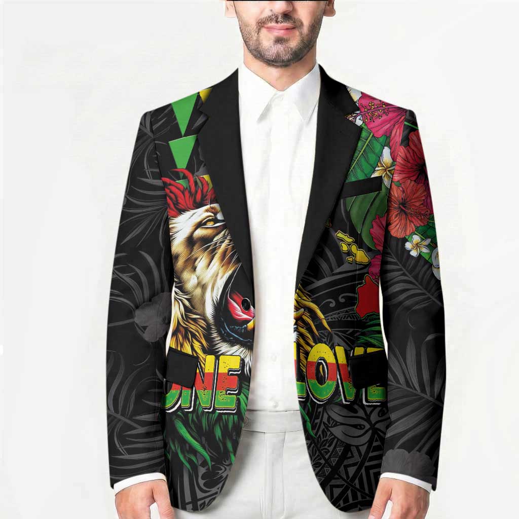 Hawaiian One Love Blazer Reggae Lion Tropical Plants and Kakau with Tribal Pattern