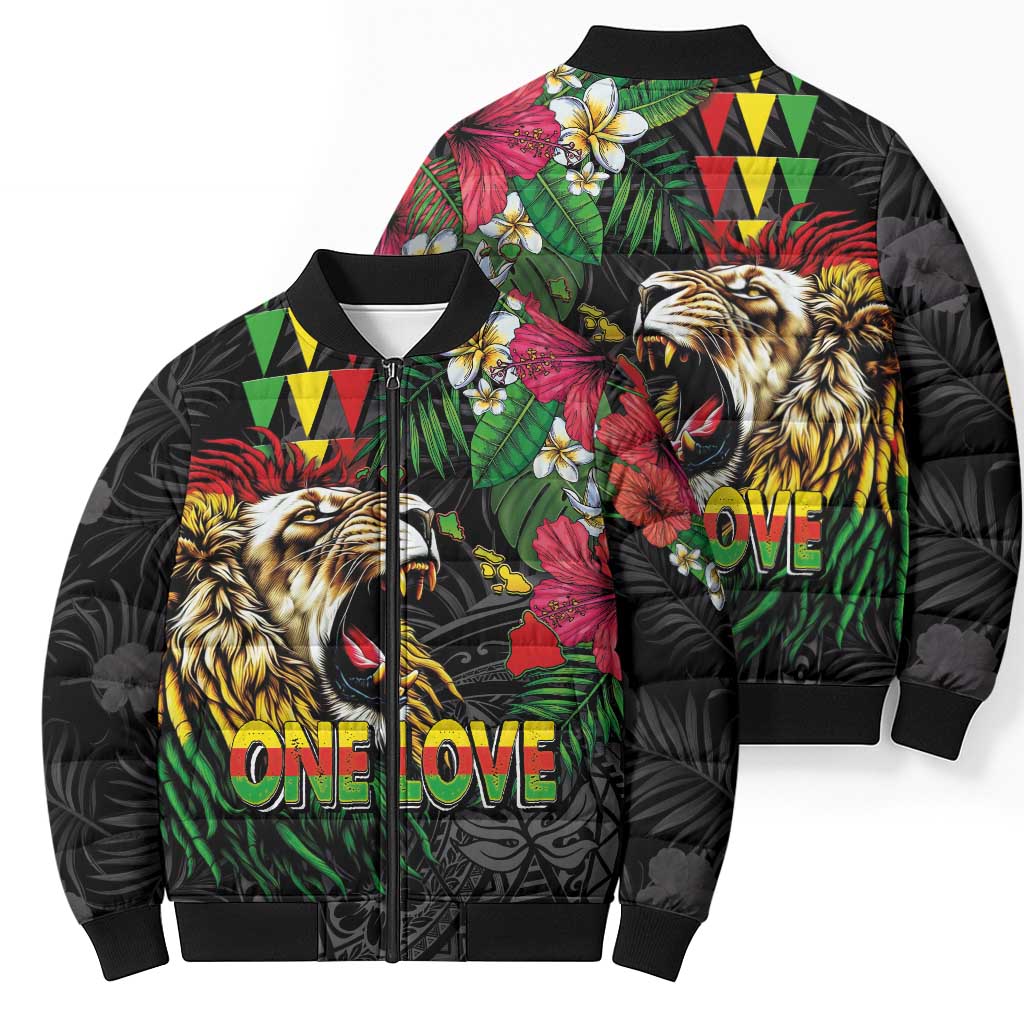 Hawaiian One Love Bomber Puffer Jacket Reggae Lion Tropical Plants and Kakau with Tribal Pattern