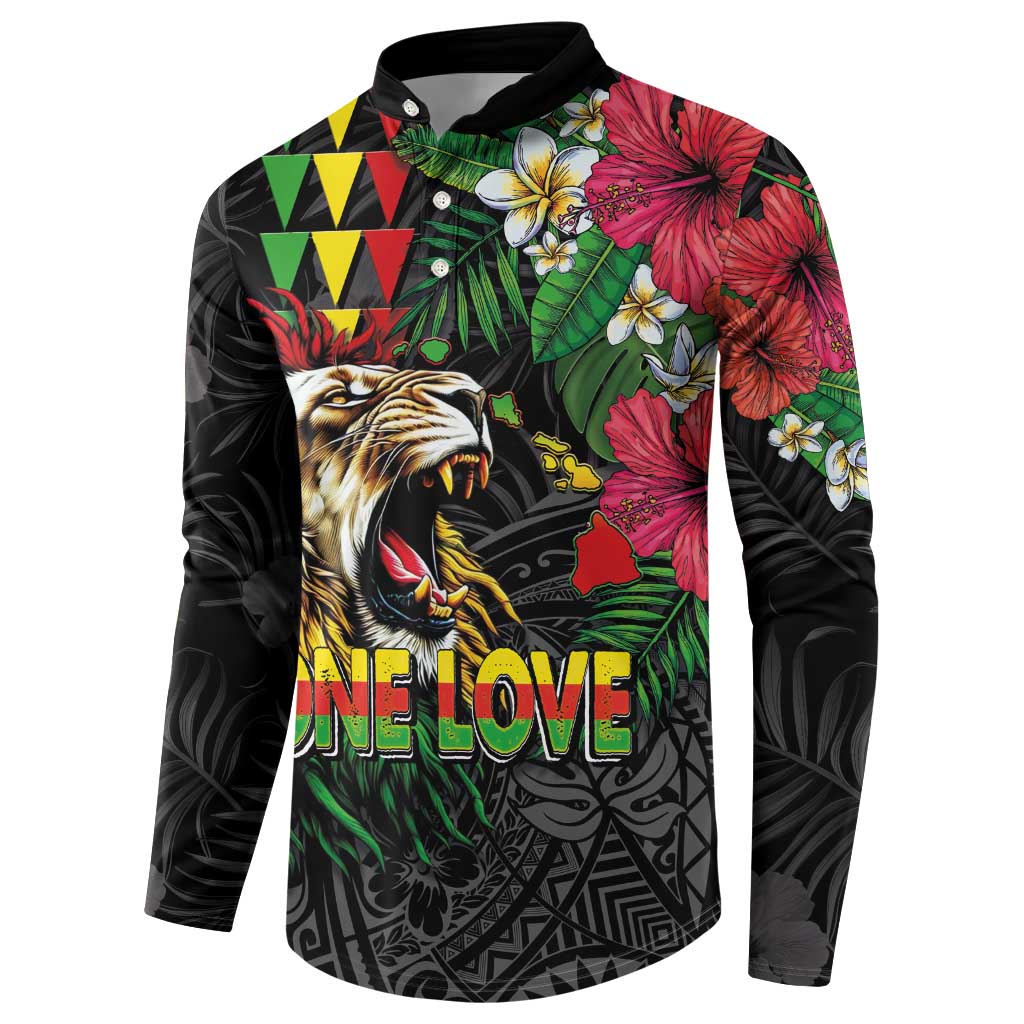 Hawaiian One Love Button Sweatshirt Reggae Lion Tropical Plants and Kakau with Tribal Pattern