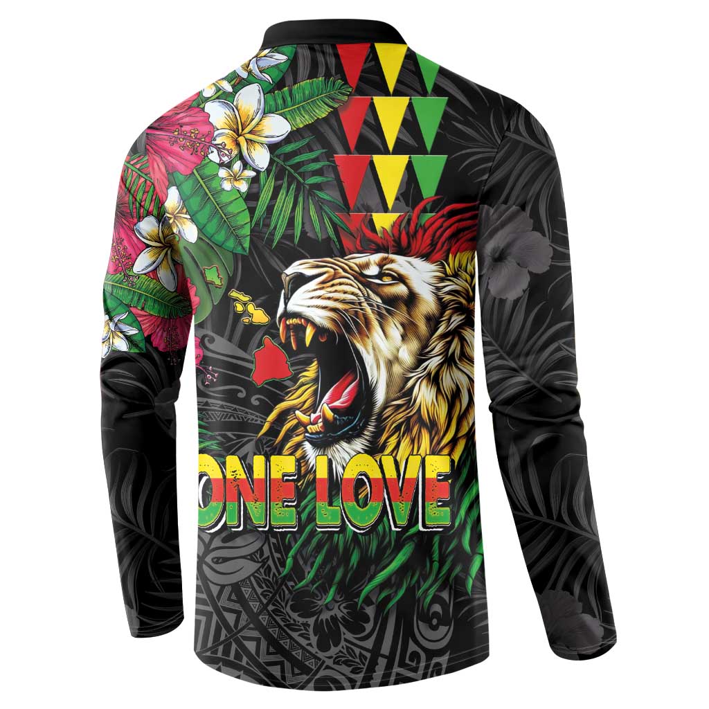 Hawaiian One Love Button Sweatshirt Reggae Lion Tropical Plants and Kakau with Tribal Pattern