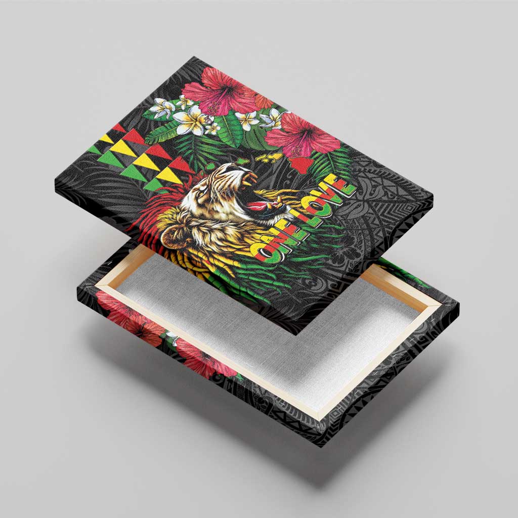 Hawaiian One Love Canvas Wall Art Reggae Lion Tropical Plants and Kakau with Tribal Pattern