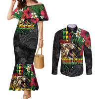 Hawaiian One Love Couples Matching Mermaid Dress and Long Sleeve Button Shirt Reggae Lion Tropical Plants and Kakau with Tribal Pattern LT03 Black - Polynesian Pride