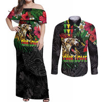 Hawaiian One Love Couples Matching Off Shoulder Maxi Dress and Long Sleeve Button Shirt Reggae Lion Tropical Plants and Kakau with Tribal Pattern LT03 Black - Polynesian Pride