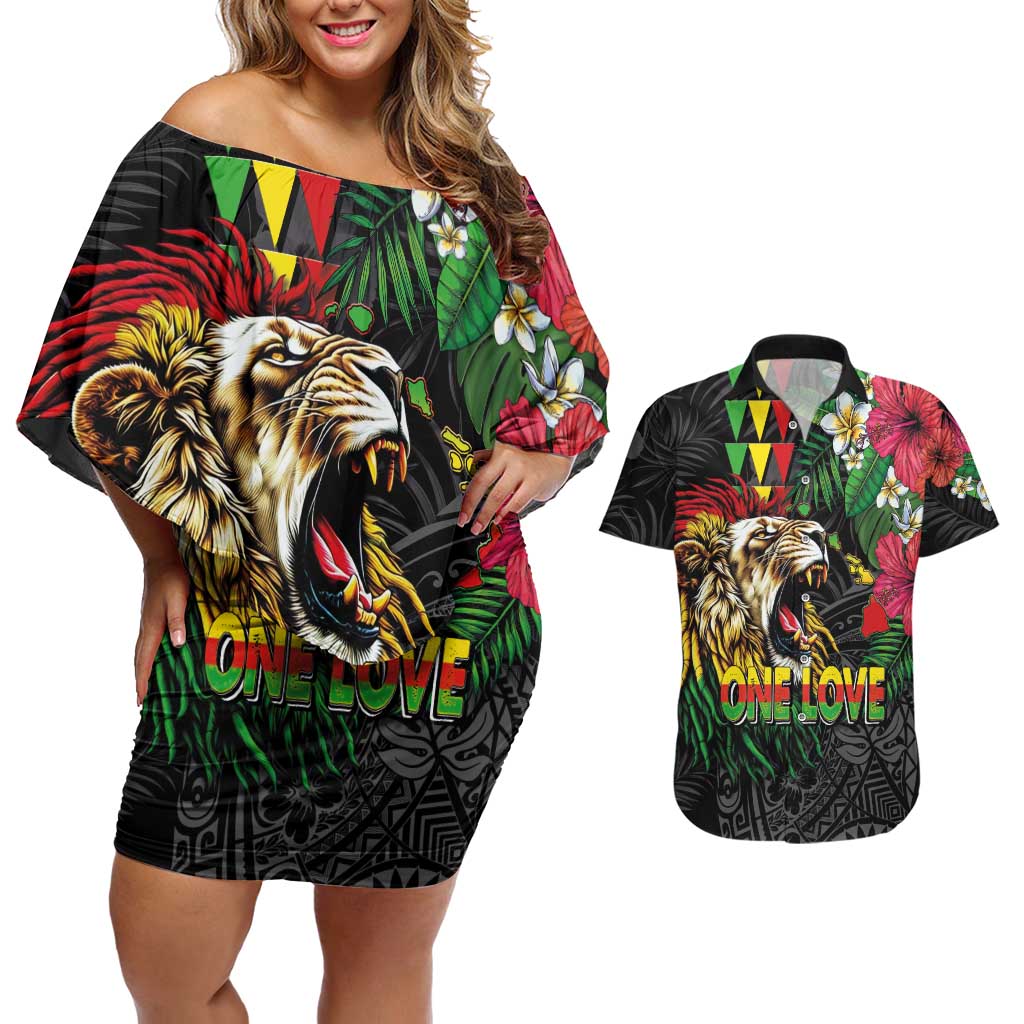 Hawaiian One Love Couples Matching Off Shoulder Short Dress and Hawaiian Shirt Reggae Lion Tropical Plants and Kakau with Tribal Pattern LT03 Black - Polynesian Pride